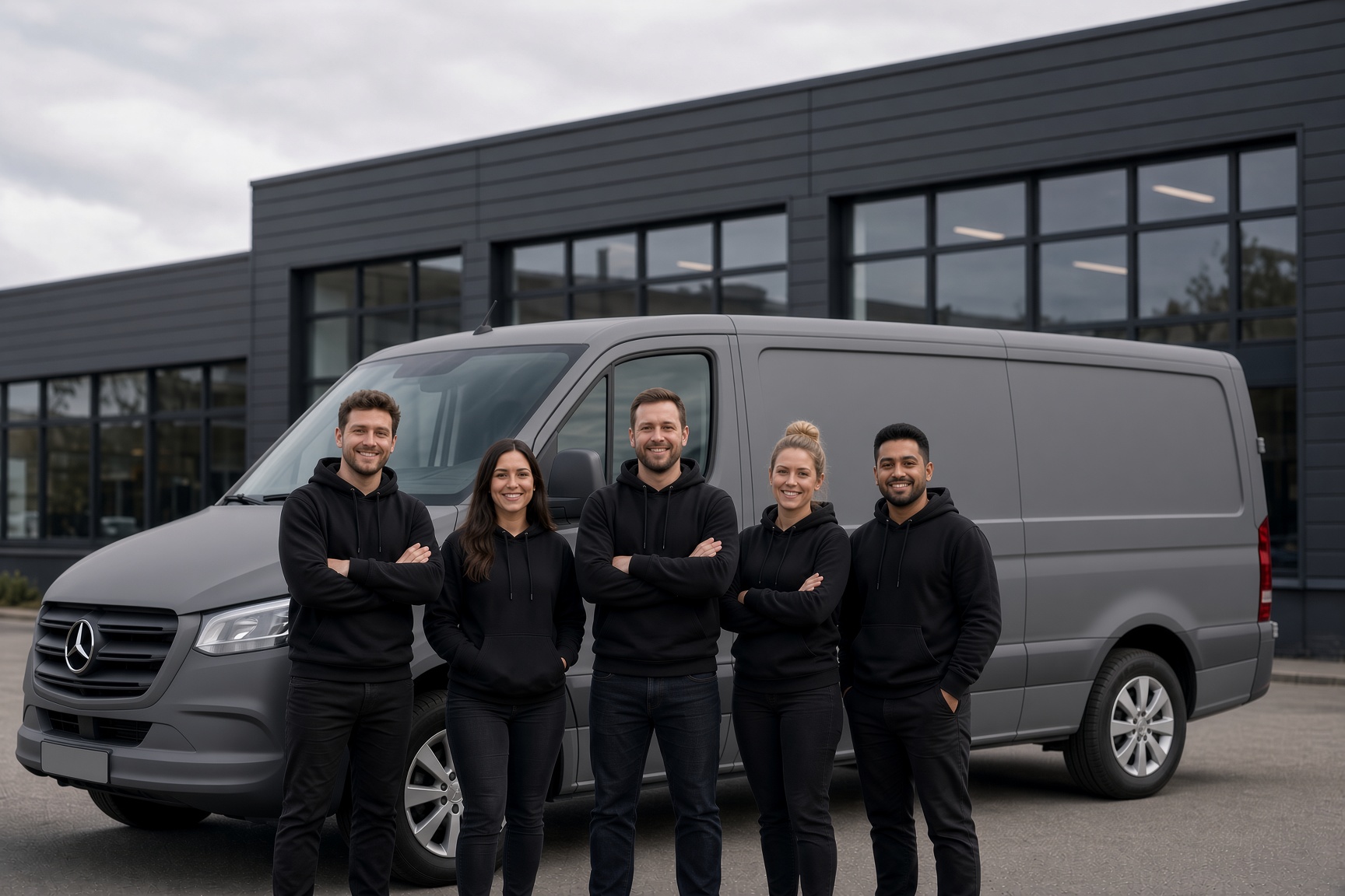 Das Team von Werbung 24/7 vor dem Firmenwagen – Werbeagentur Hannover