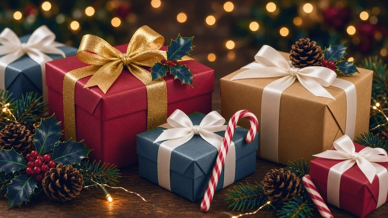 Liebevoll verpackte Geschenke mit Schleifen und Lichterglanz