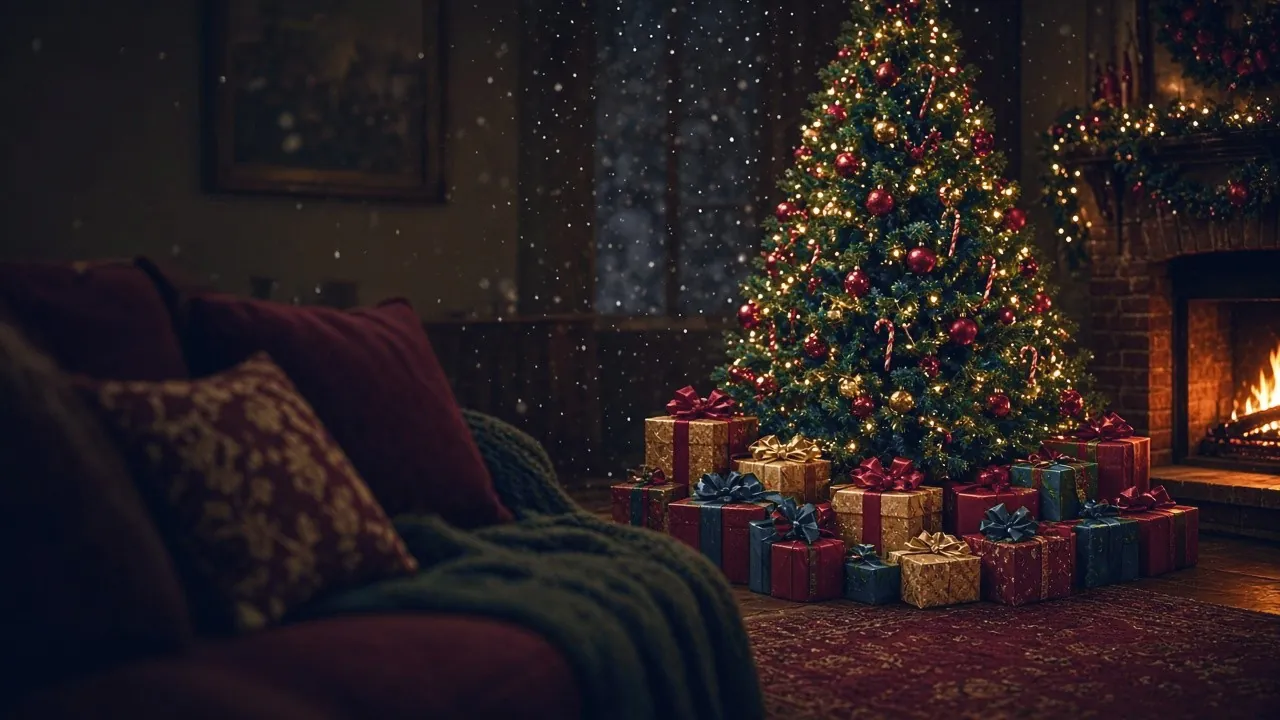 Warm beleuchteter Weihnachtsbaum mit Geschenken vor dem Kamin