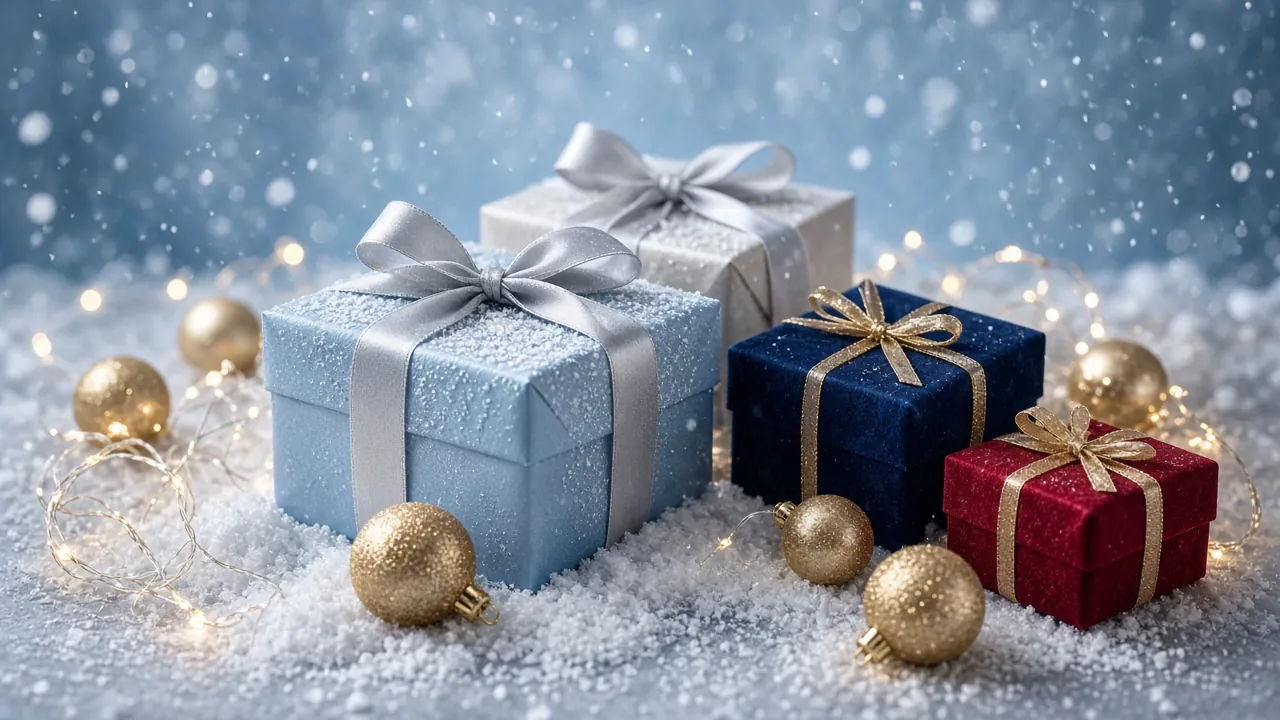 Geschenke in Eisblau, Silber, Nachtblau und Tiefrot mit Goldschleifen im Schnee