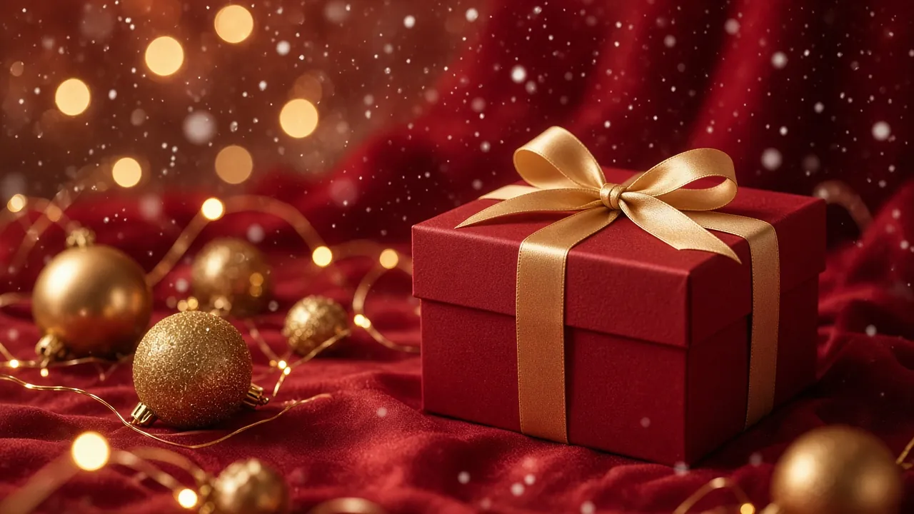 Tiefrotes Geschenk mit Goldschleife und goldenen Kugeln